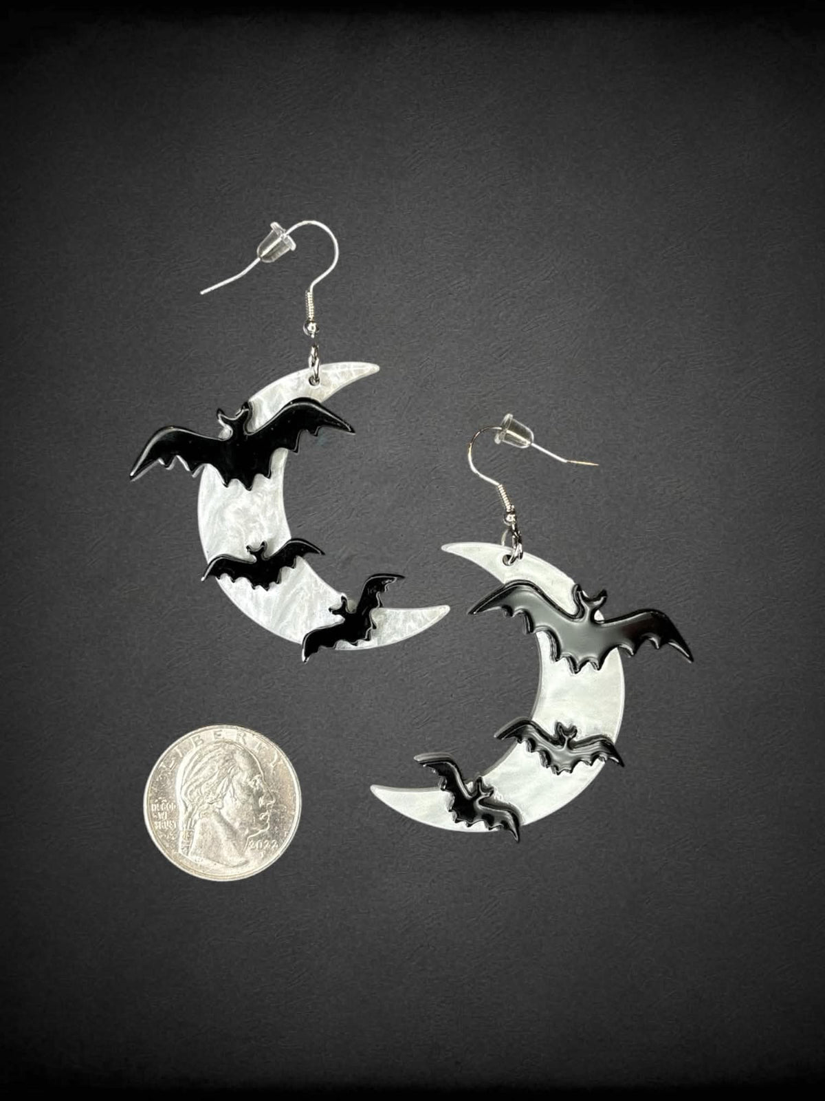 Halloween moon & bat silver earrings
