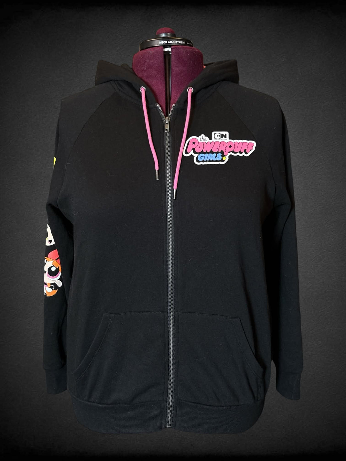 2X Cartoon Network “The Powerpuff Girls” black zip up hoodie with Powerpuff girls graphics all over