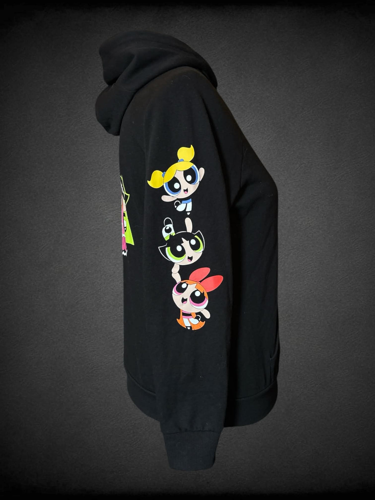 2X Cartoon Network “The Powerpuff Girls” black zip up hoodie with Powerpuff girls graphics all over