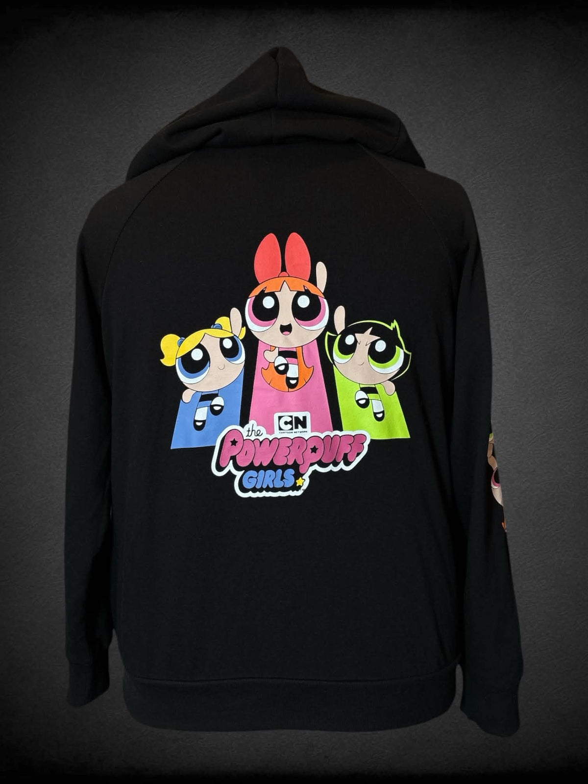 2X Cartoon Network “The Powerpuff Girls” black zip up hoodie with Powerpuff girls graphics all over