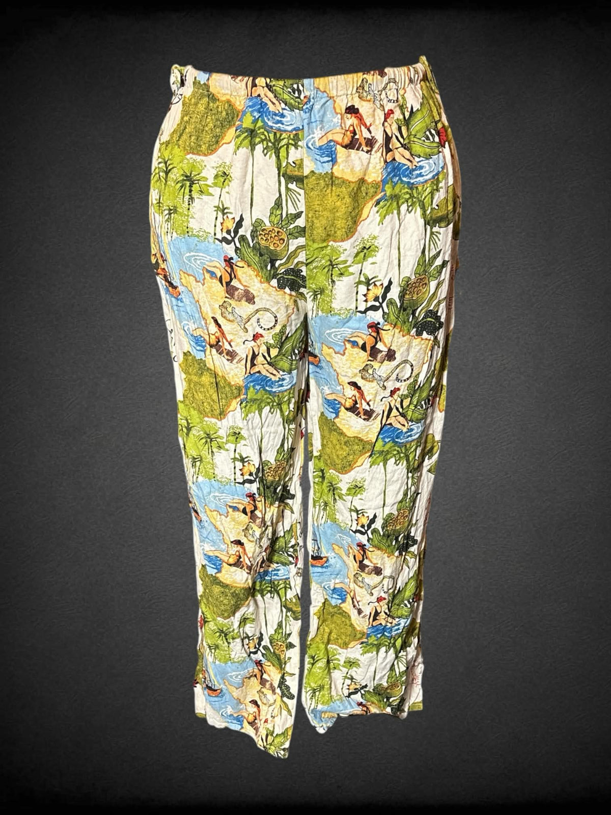 0X Rachel Zoe off white pants with tropical print, elastic waist, ties on sides, and pockets