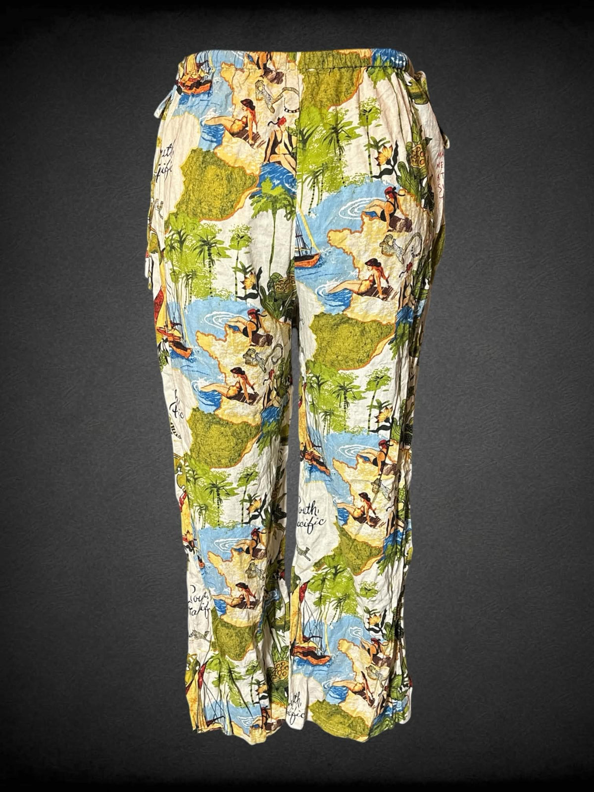 0X Rachel Zoe off white pants with tropical print, elastic waist, ties on sides, and pockets