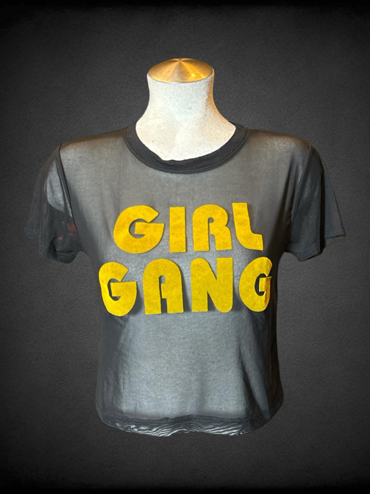 L Forever 21 black mesh short sleeve crop top with yellow felt “Girl Gang” graphic