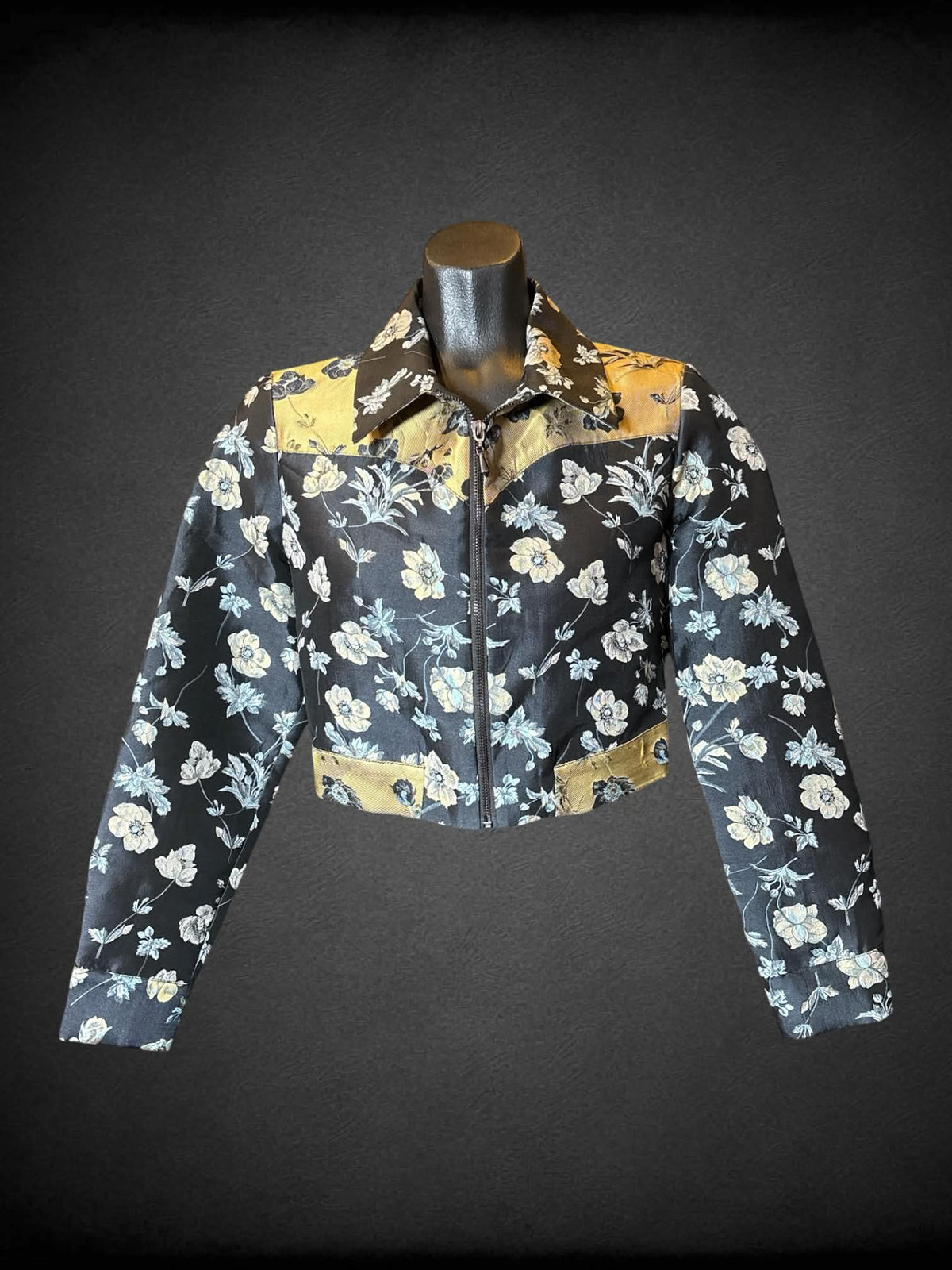 M Urban Outfitters navy blue and yellow metallic threaded floral cropped zip up jacket  with collar