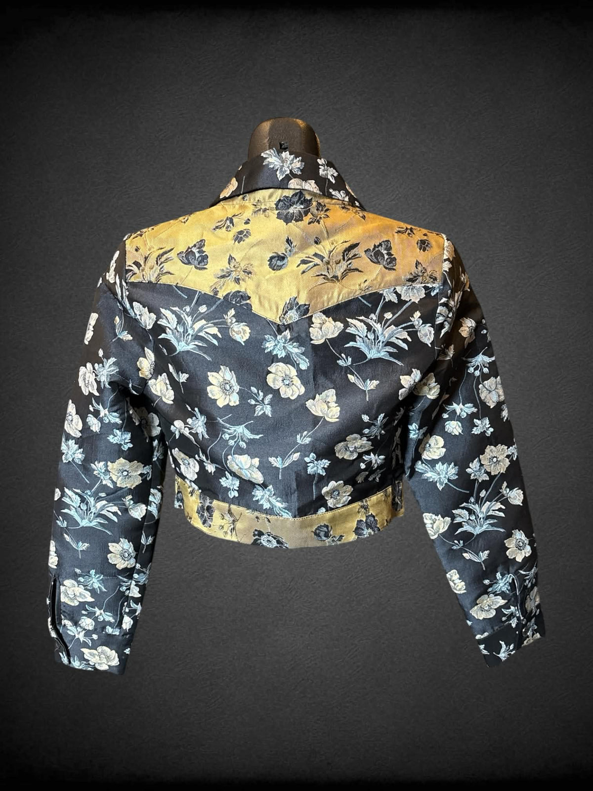 M Urban Outfitters navy blue and yellow metallic threaded floral cropped zip up jacket  with collar