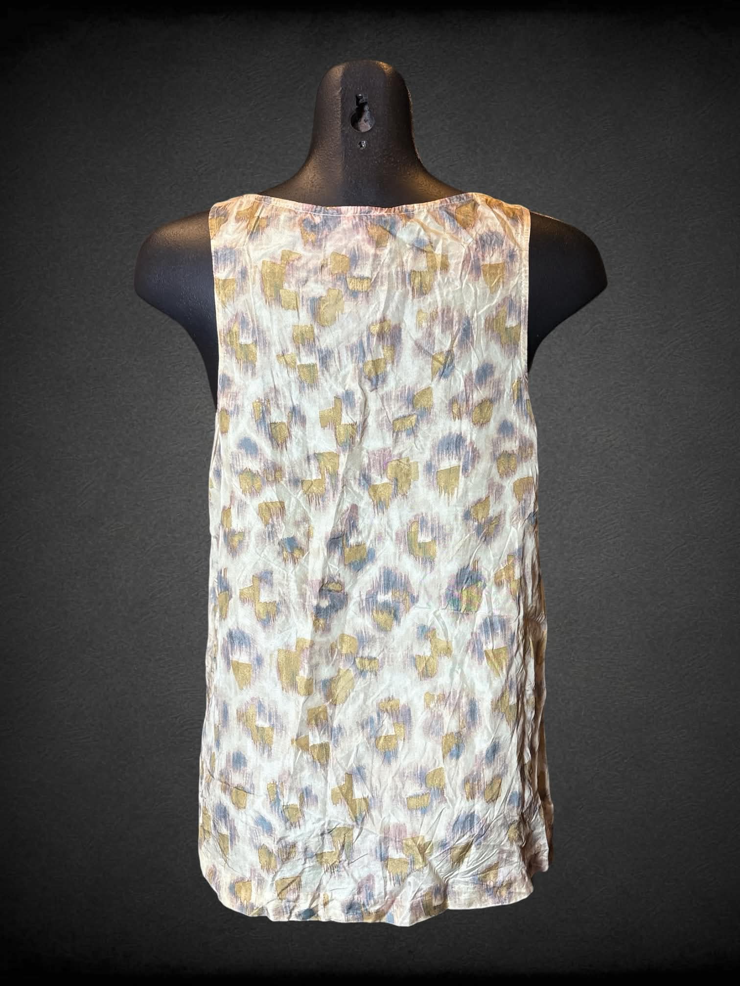 M J Crew tan, gold, and grey designed sleeveless silk top and pocket on front