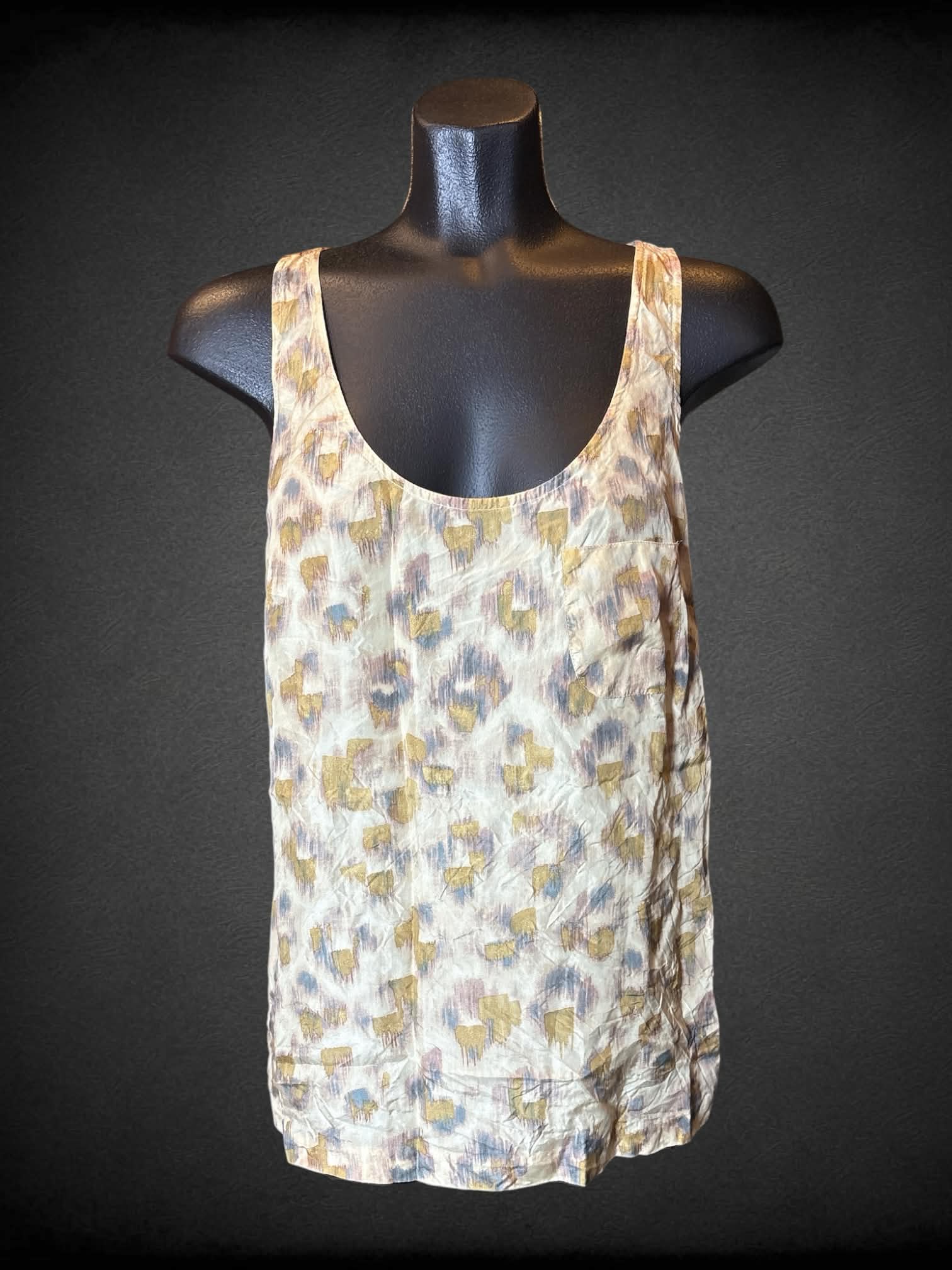 M J Crew tan, gold, and grey designed sleeveless silk top and pocket on front