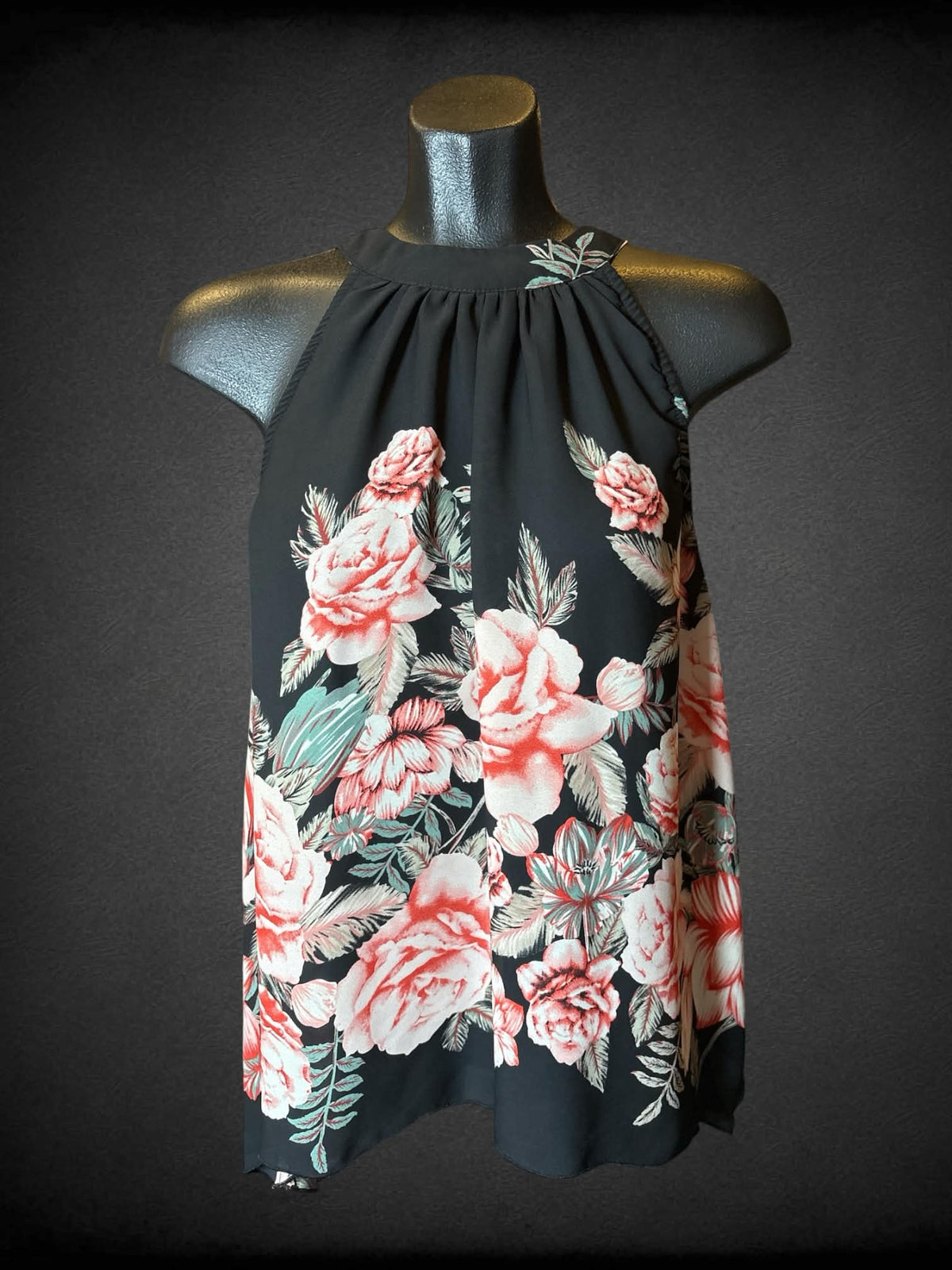 M Cleo black sleeveless floral top with tie on back, and pleated neckline