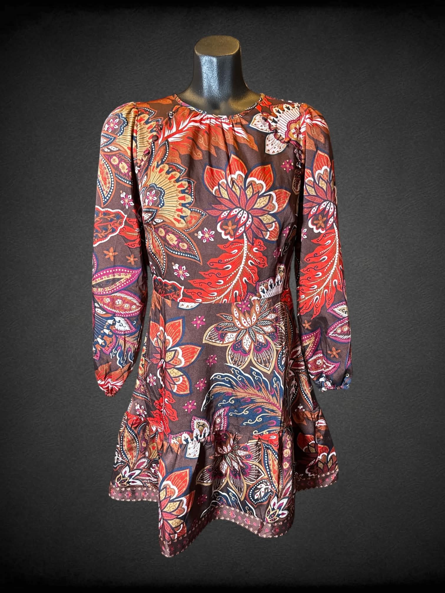 M Loft brown long sleeve dress with multicolor paisley design, faux buttons on shoulders, and zipper on back