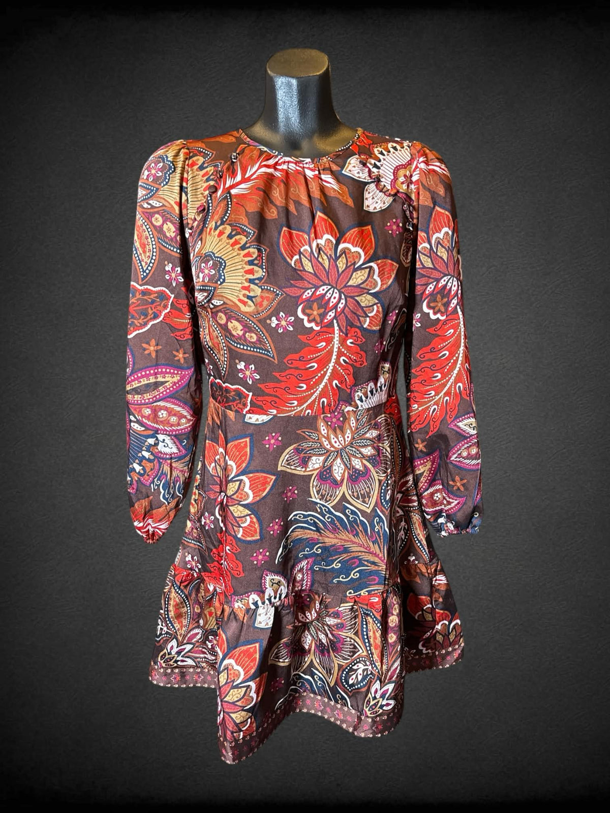 M Loft brown long sleeve dress with multicolor paisley design, faux buttons on shoulders, and zipper on back