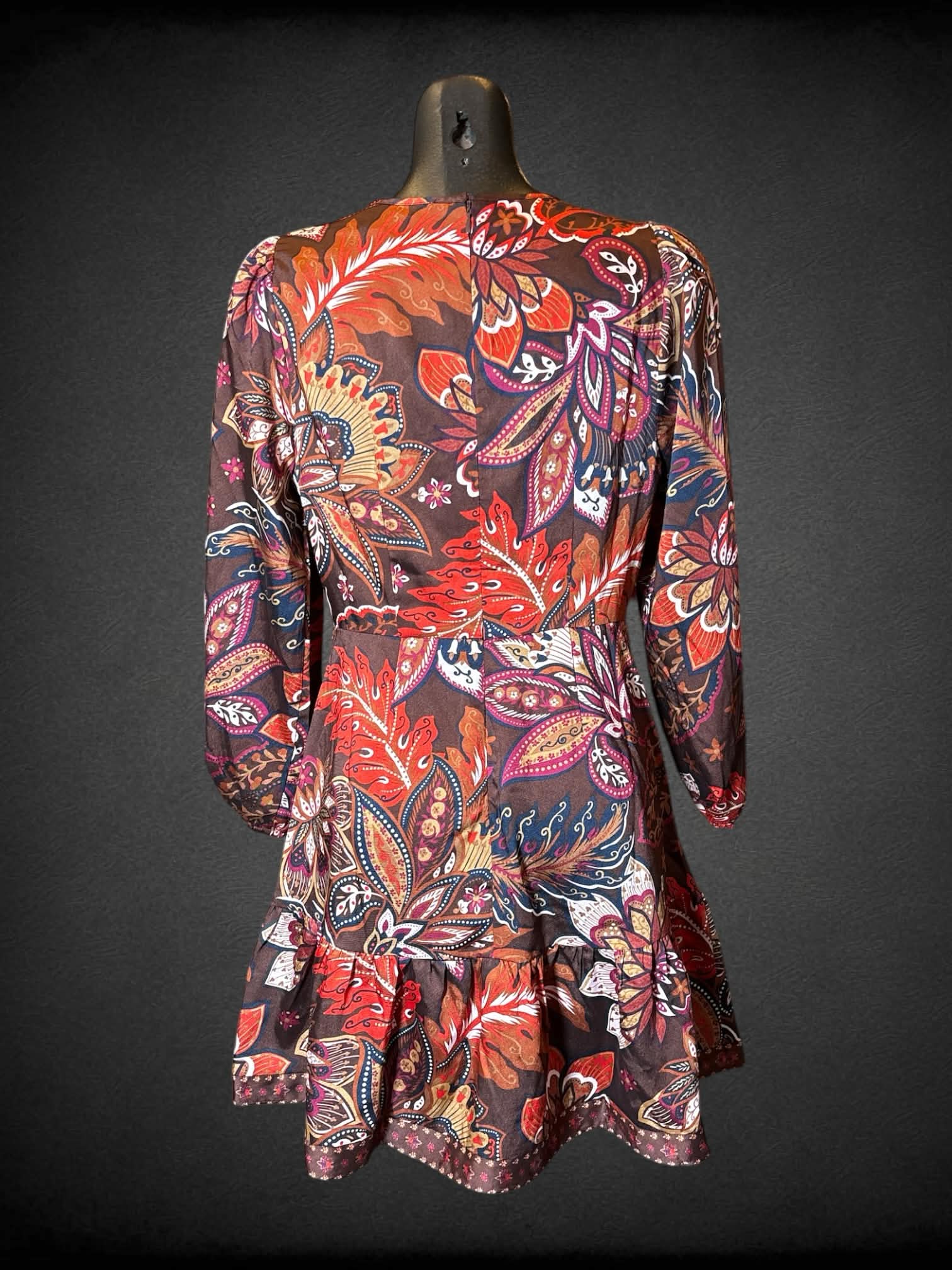 M Loft brown long sleeve dress with multicolor paisley design, faux buttons on shoulders, and zipper on back
