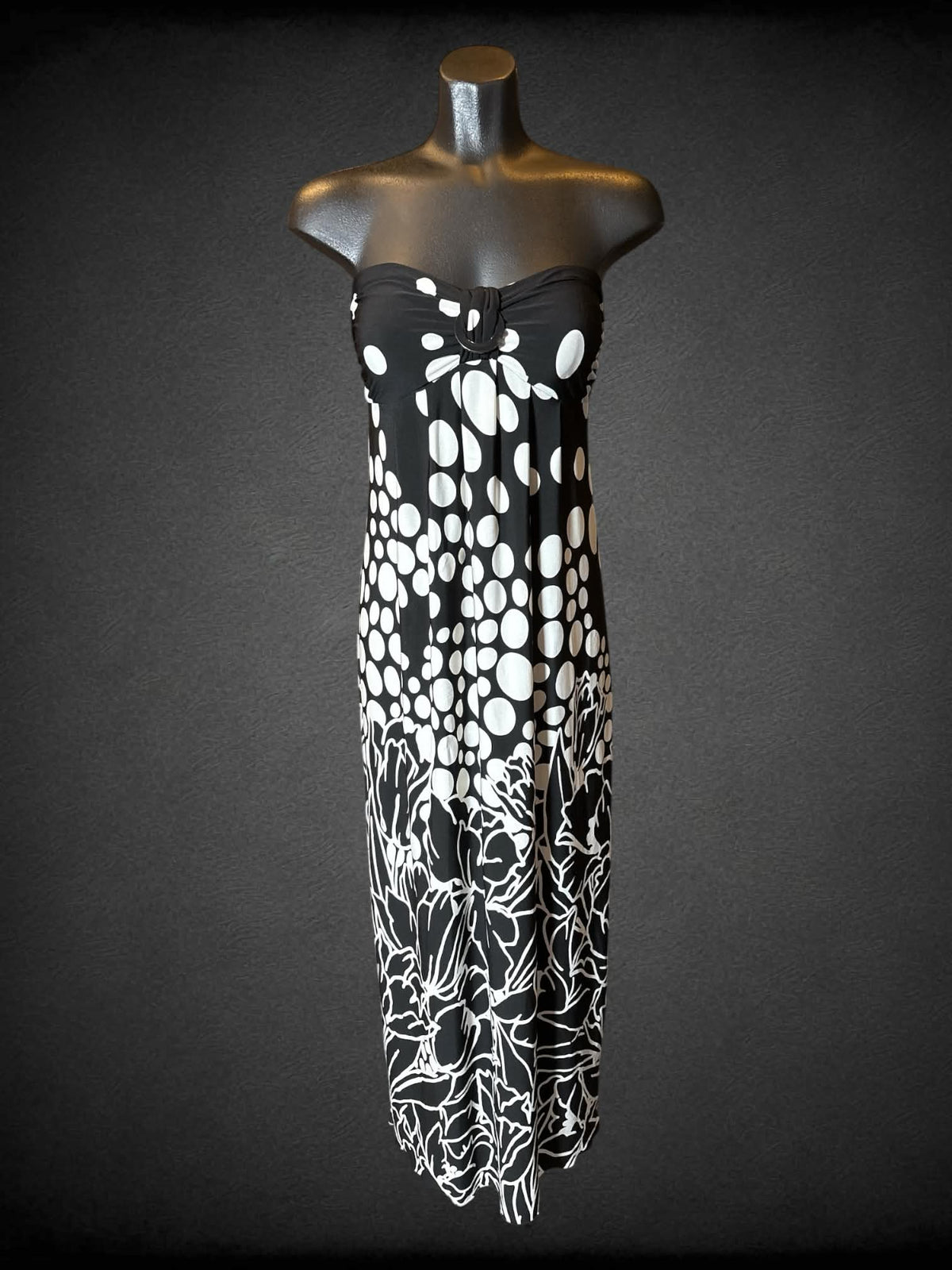 M Saint Tropez Y2K black sleeveless dress with cups, faux buckle in middle, and white polka dots and design on bottom