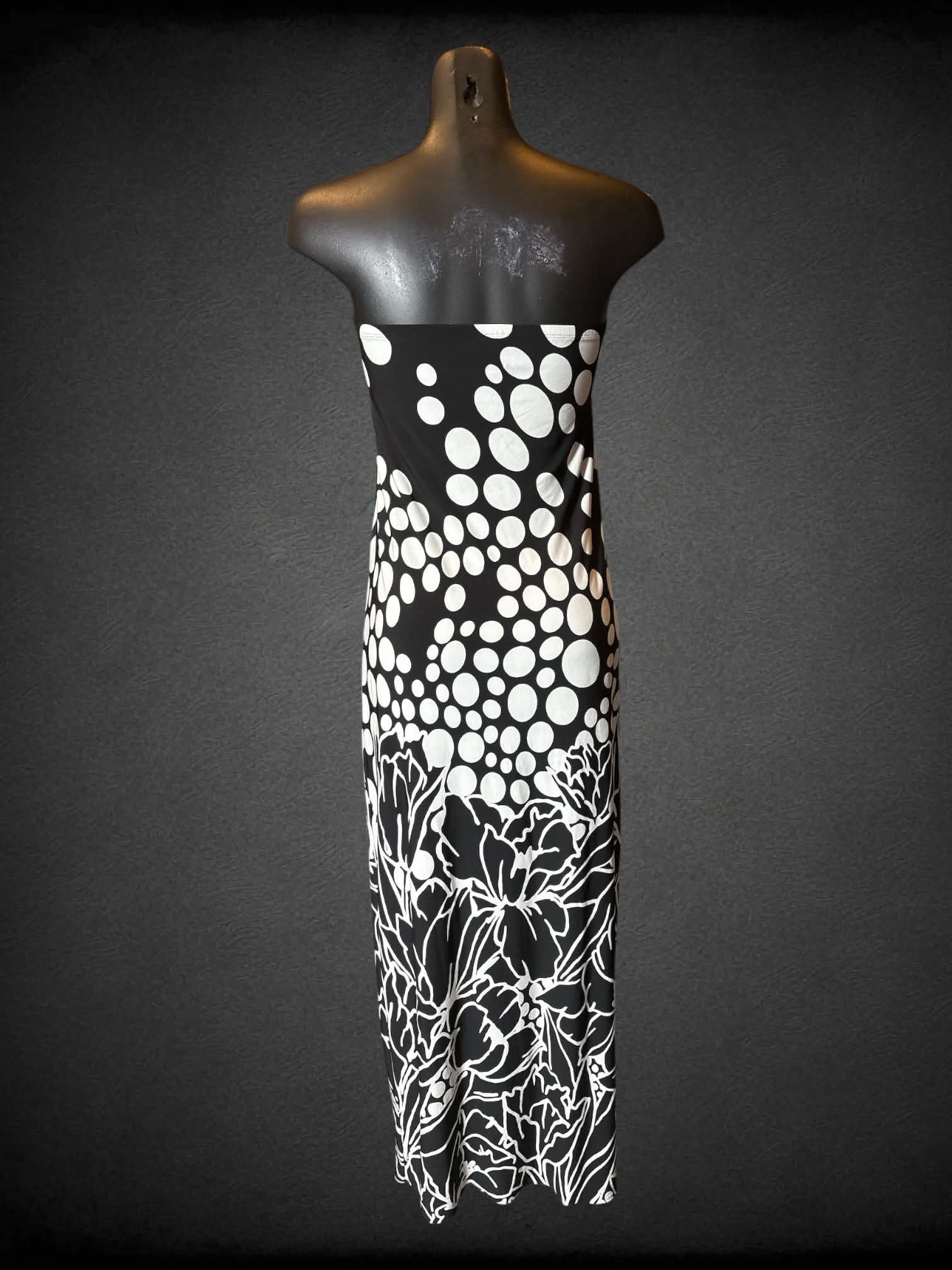 M Saint Tropez Y2K black sleeveless dress with cups, faux buckle in middle, and white polka dots and design on bottom