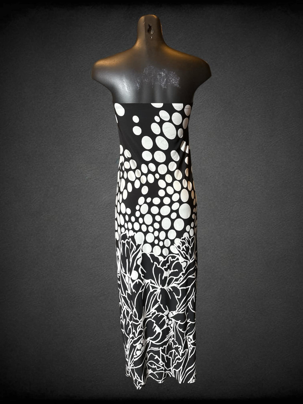 M Saint Tropez Y2K black sleeveless dress with cups, faux buckle in middle, and white polka dots and design on bottom