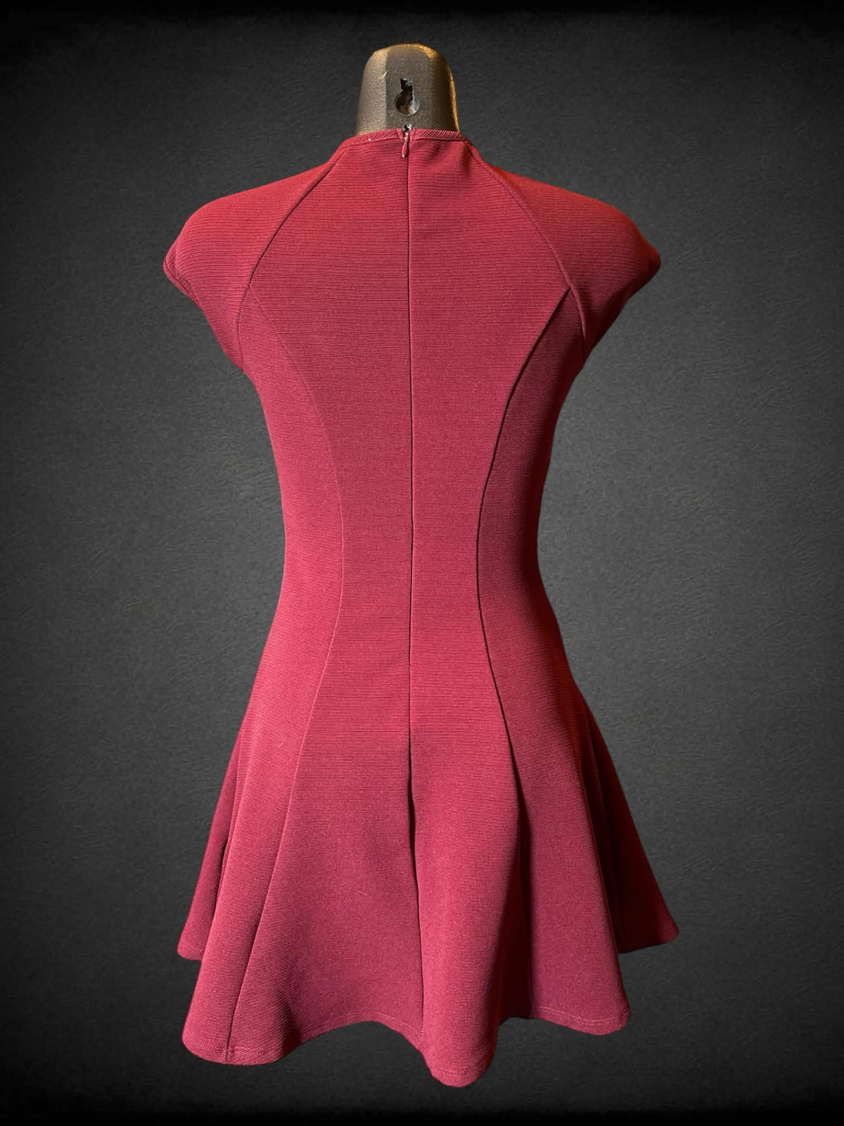 S Charlotte Russe maroon short sleeve dress with lacing on front shoulders, and zipper on back