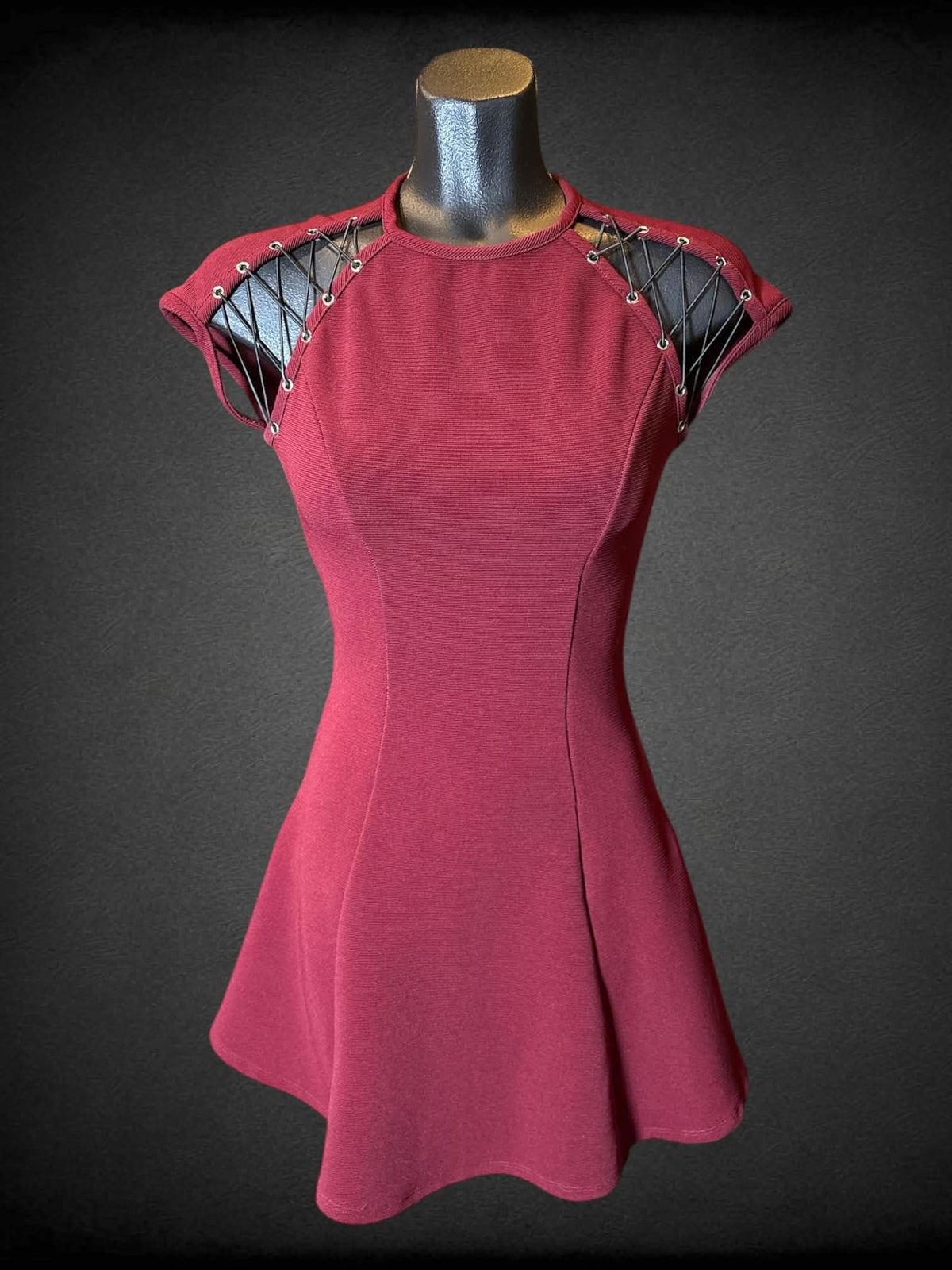 S Charlotte Russe maroon short sleeve dress with lacing on front shoulders, and zipper on back