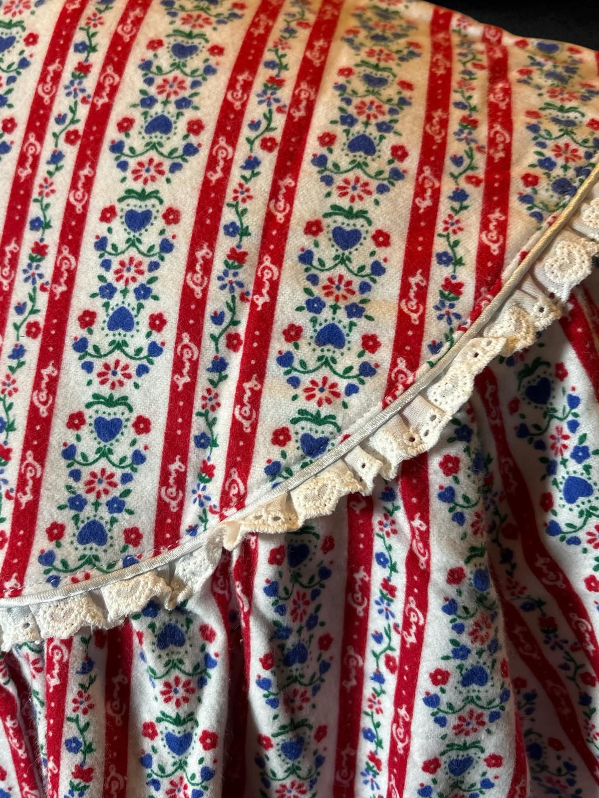 5X NWT Lanz of Salzburg red and white striped long sleeved felted dress with blue, green, and red floral design, and buttons on top