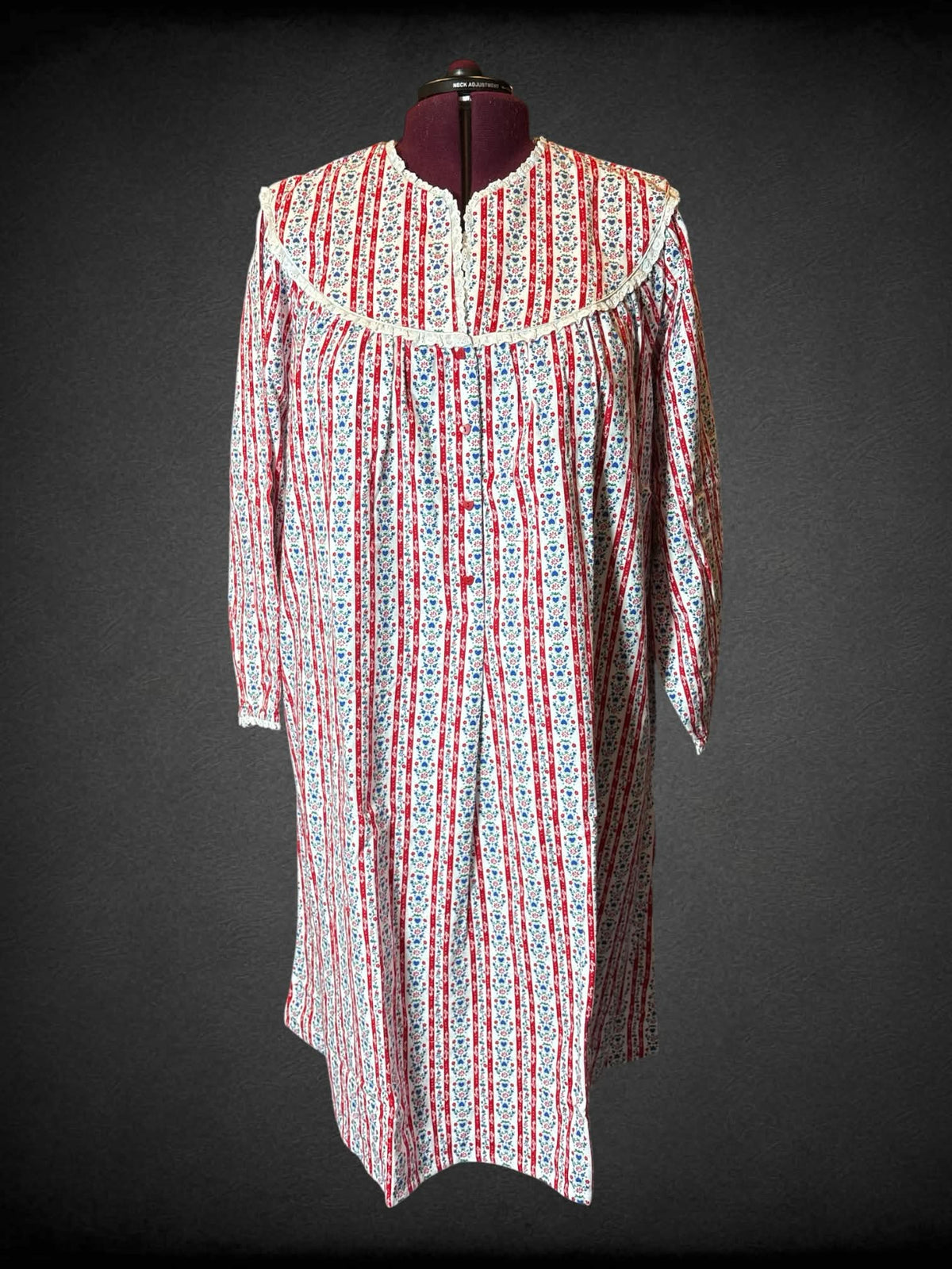 5X NWT Lanz of Salzburg red and white striped long sleeved felted dress with blue, green, and red floral design, and buttons on top