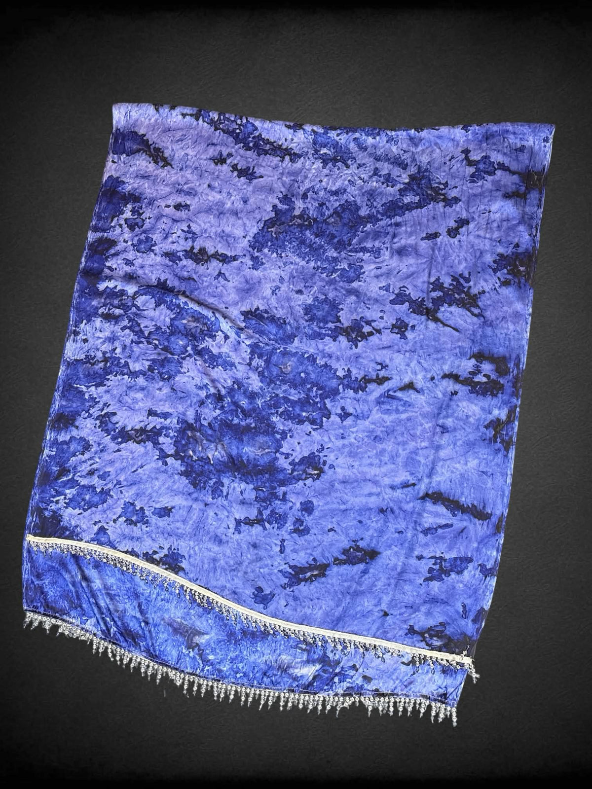 Dark blue long shawl with tie dye design and beading on ends