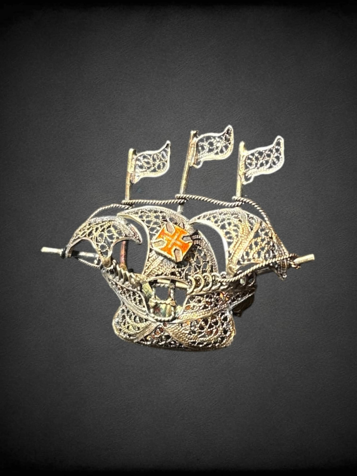 Vintage silver Portuguese ship brooch with intricate open work wire