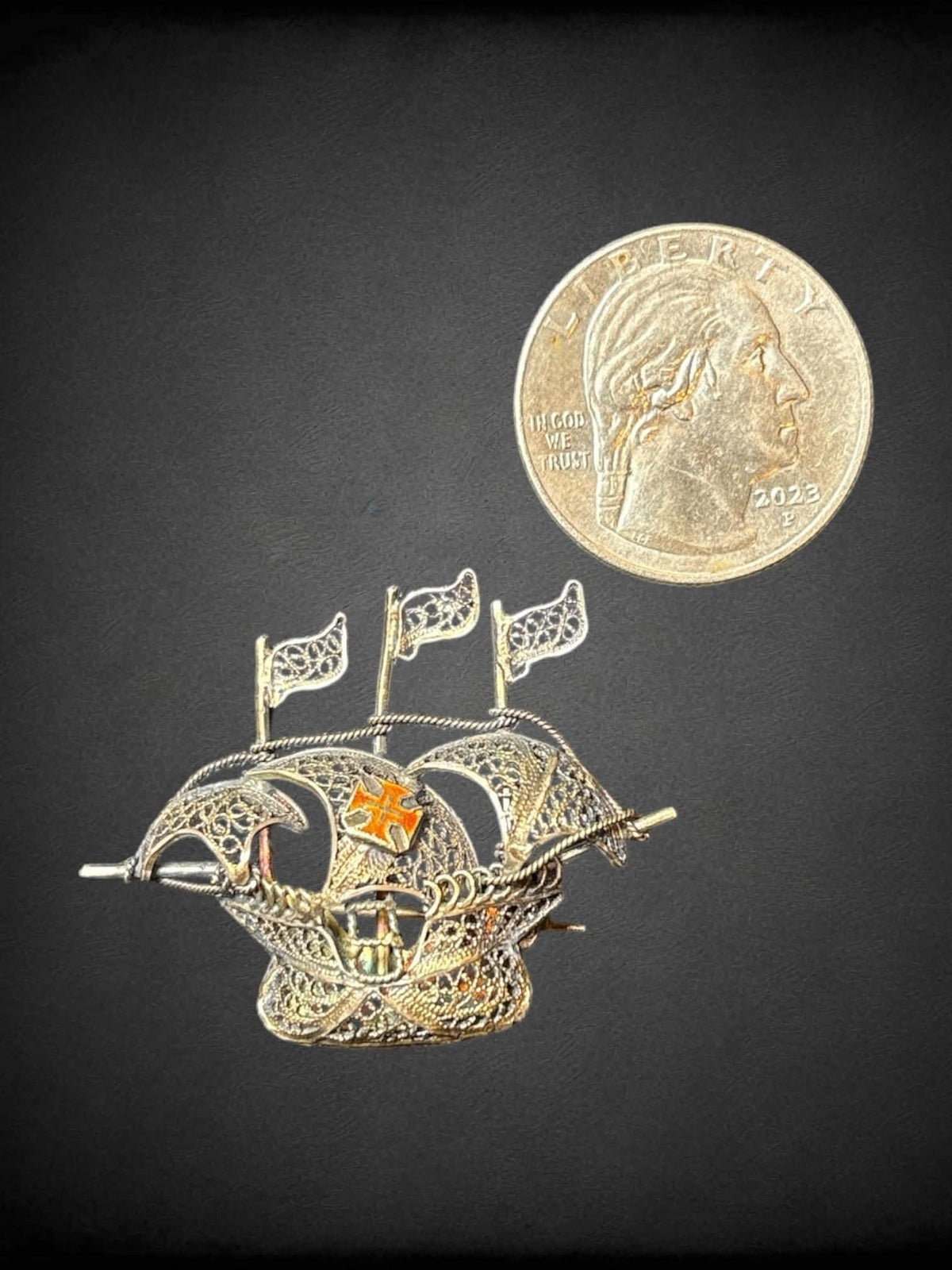 Vintage silver Portuguese ship brooch with intricate open work wire