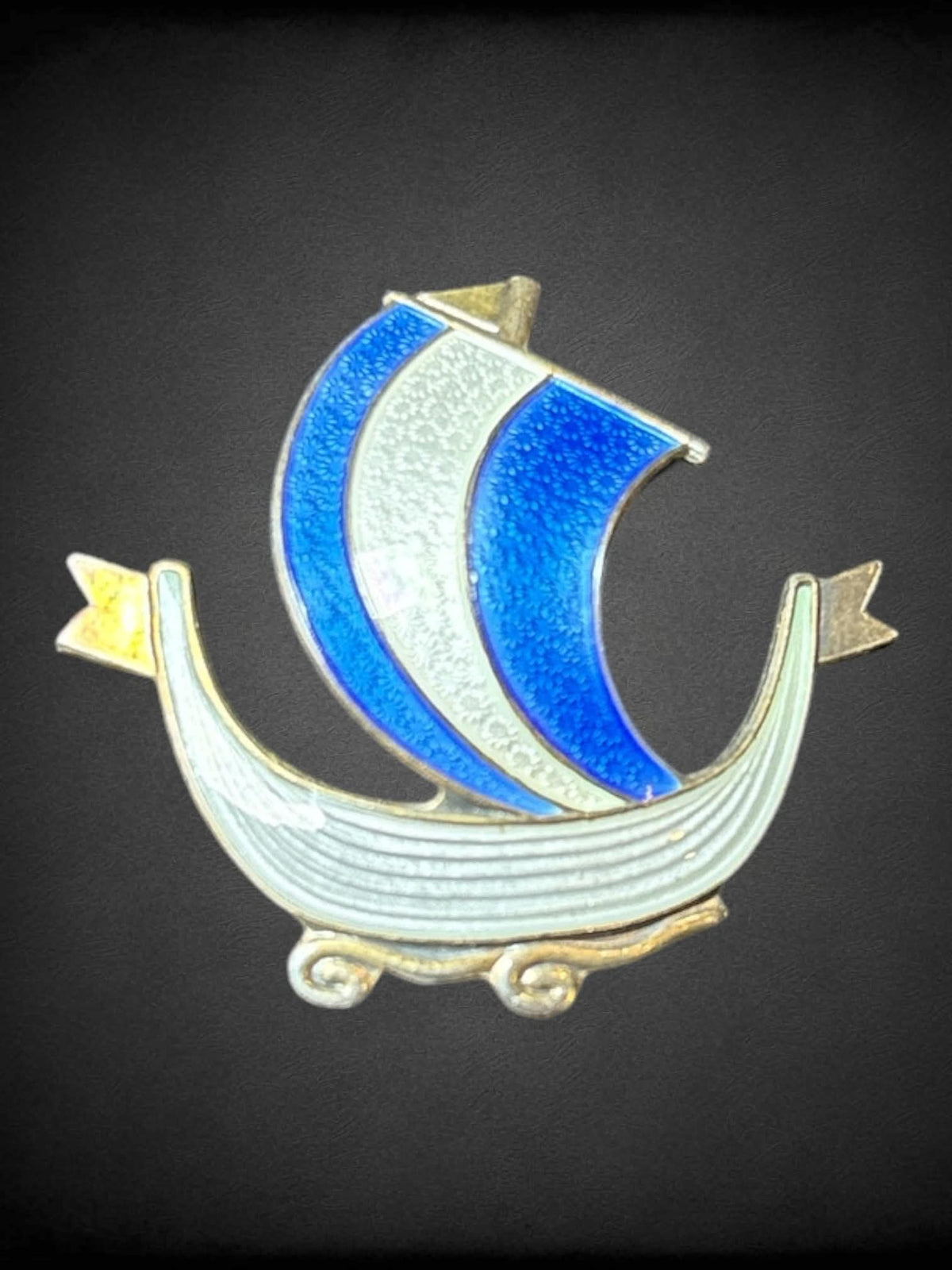 Vintage silver blue and white sailboat brooch