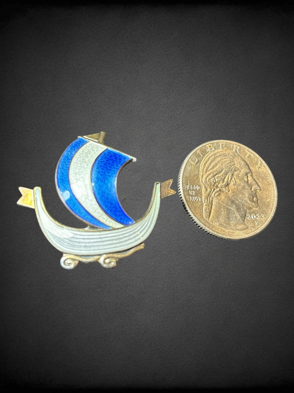 Vintage silver blue and white sailboat brooch
