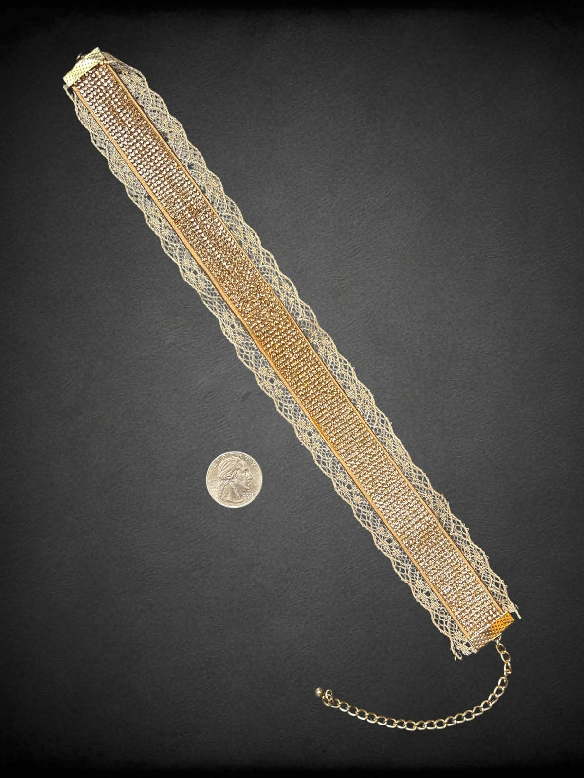 Champagne bedazzled shocker with beige lace, and clasp closure