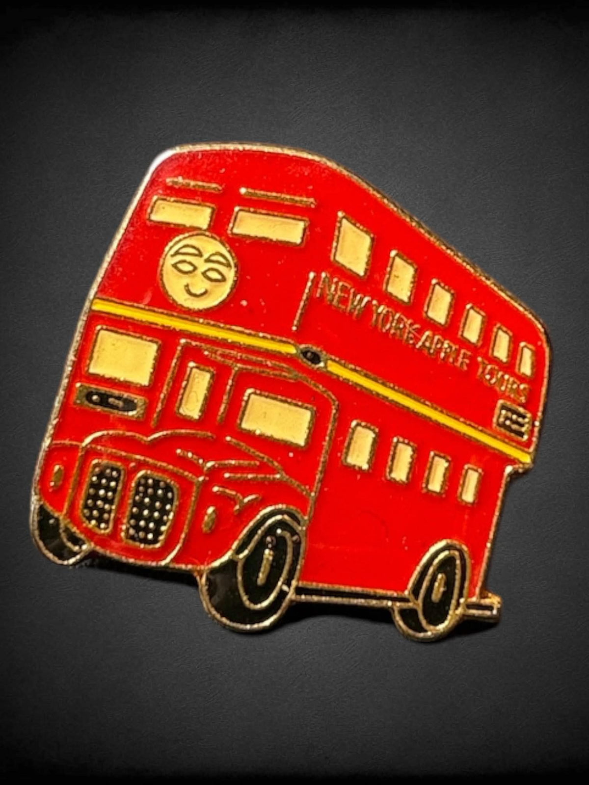 Red and gold tone double decker tour bus pin