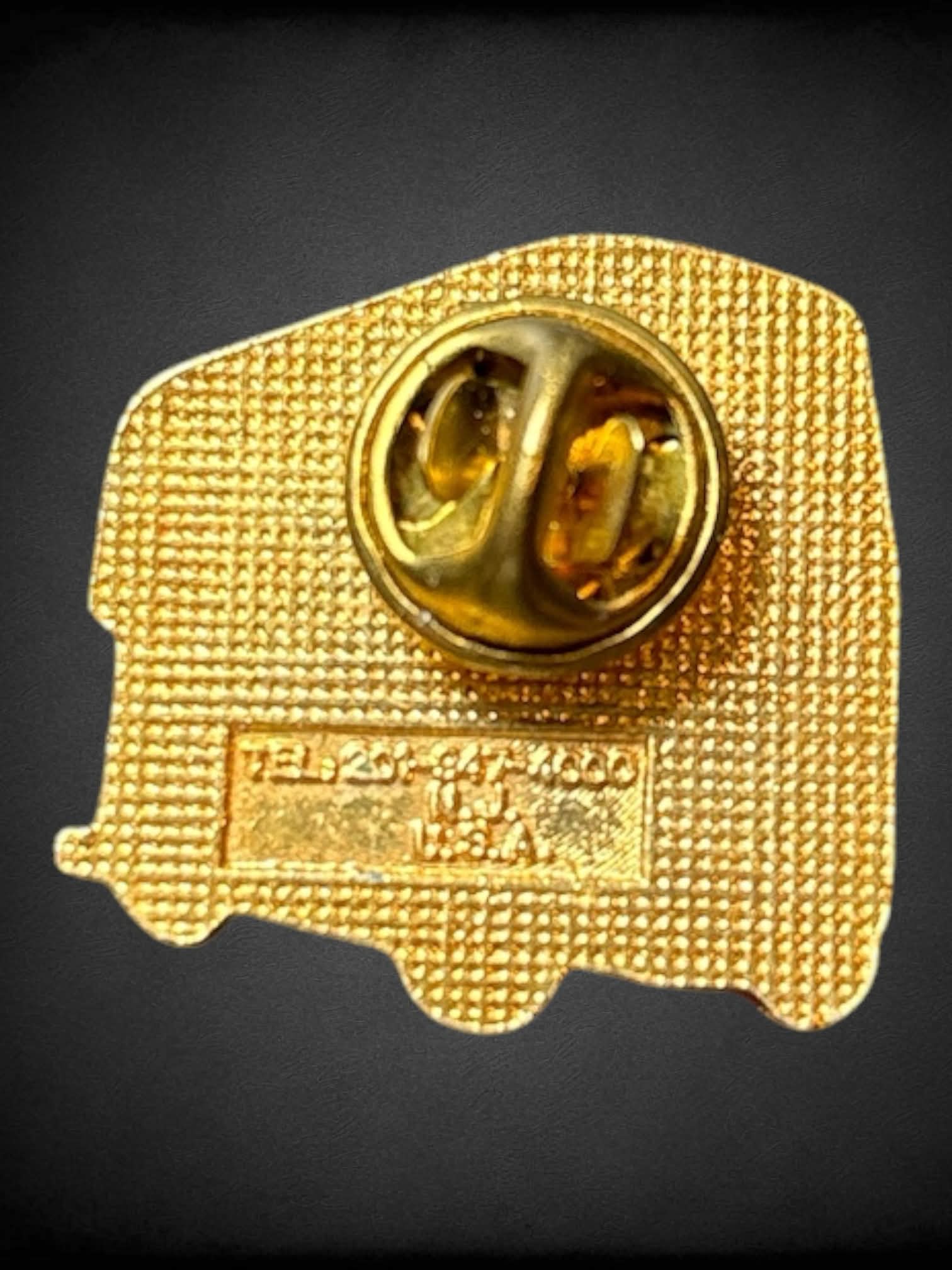 Red and gold tone double decker tour bus pin