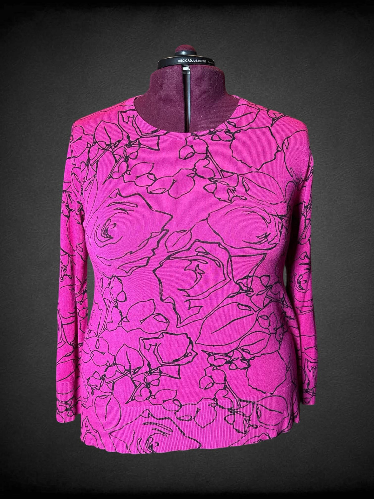 2X Multiples hot pink knit sweater with black floral design