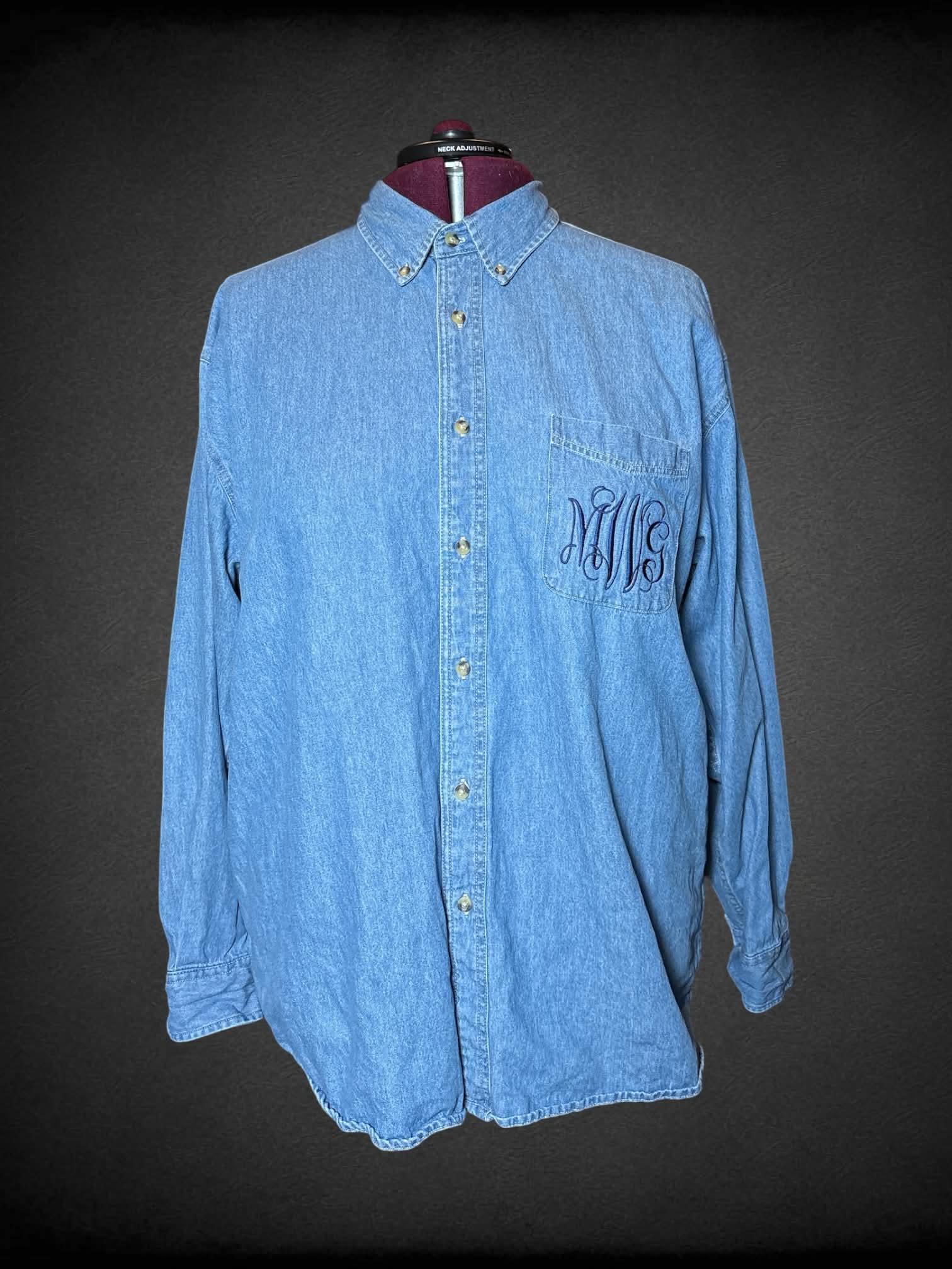 3X Port Authority blue denim button-up shirt with embroidered “MWG” on front pocket