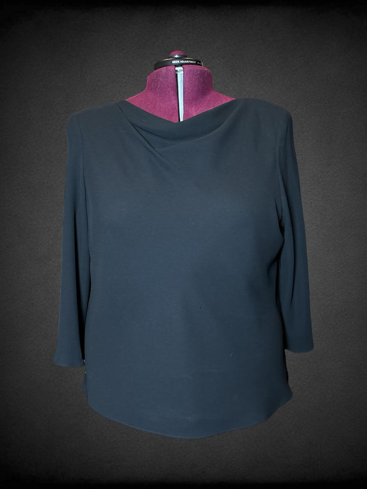 2X Donna Rocco vintage black long-sleeve blouse with padded shoulders, and slouched cowl neck design