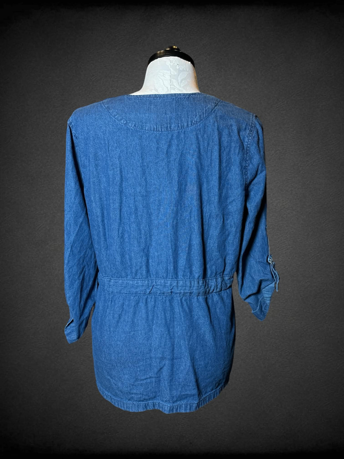 1X Anthony Richards blue denim zip-up jacket with pockets, and tie-on waist