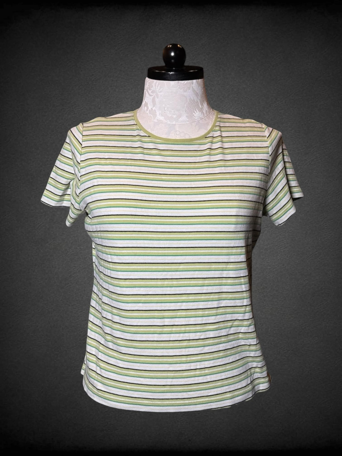 1X White Stag Tee white t shirt with green and yellow striped pattern