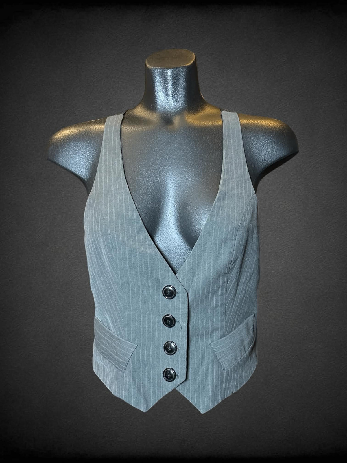 S Twenty One grey button-up vest with striped pattern, micro pockets, and stretch straps