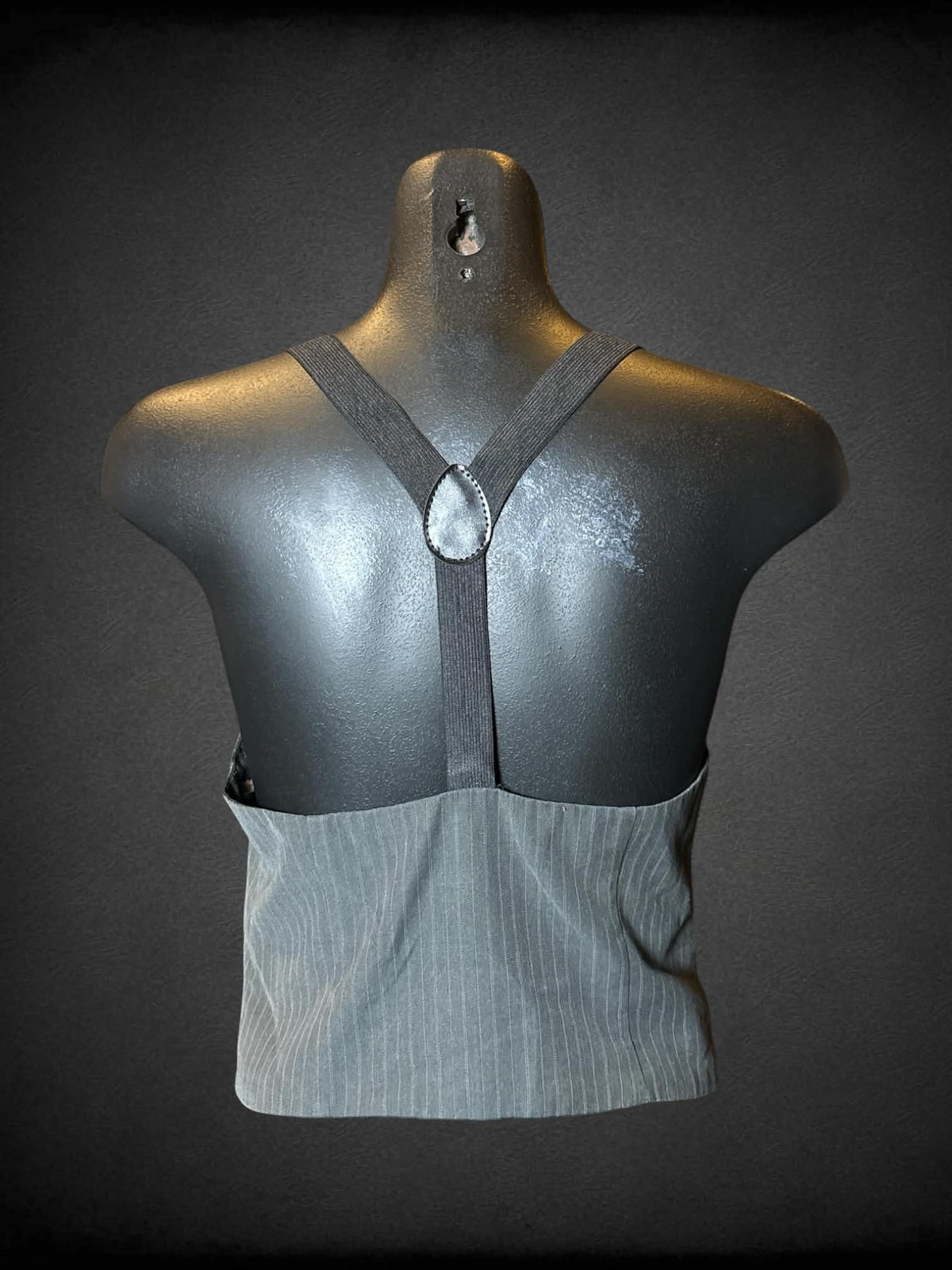 S Twenty One grey button-up vest with striped pattern, micro pockets, and stretch straps
