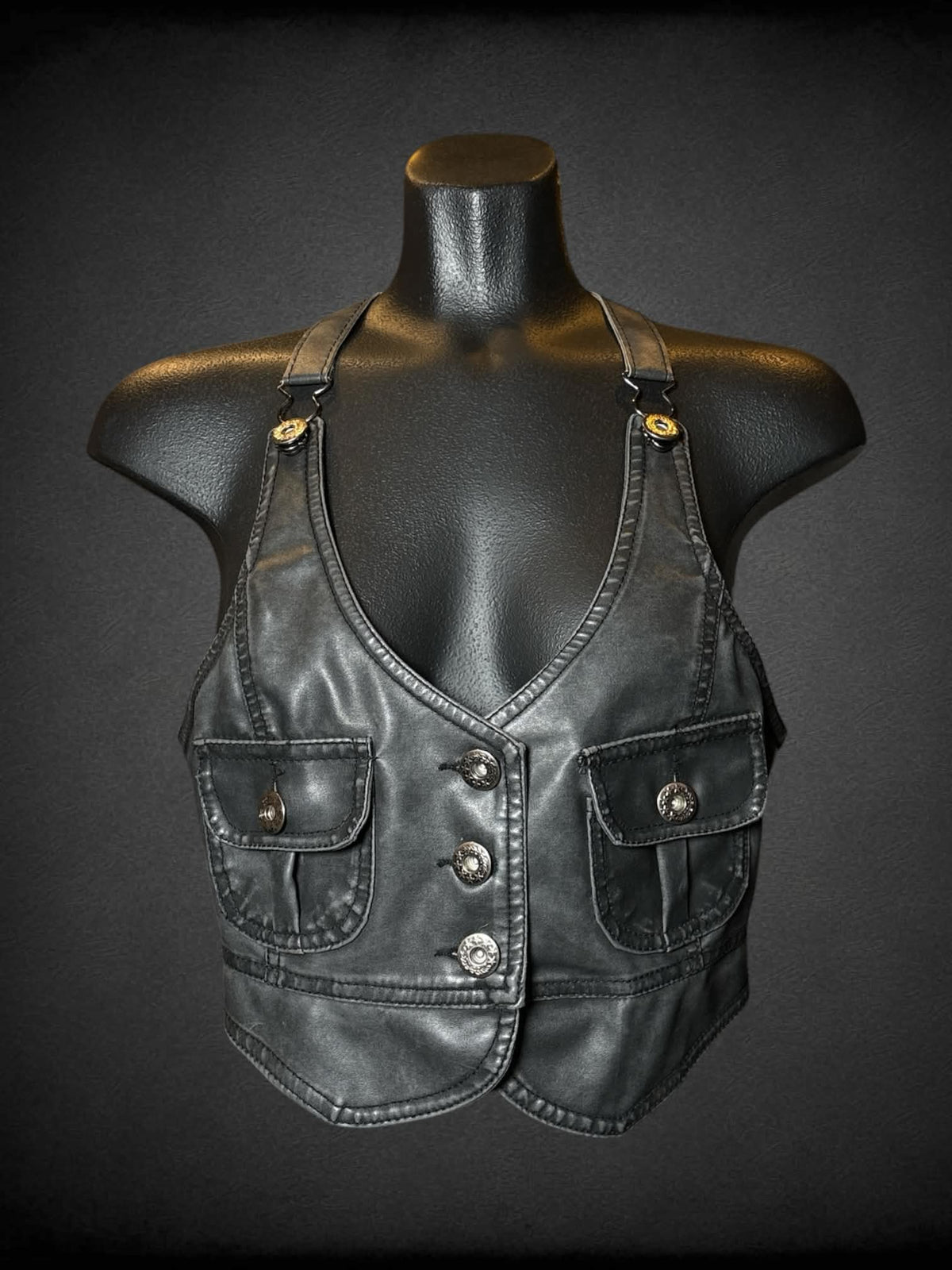 M Last Kiss grey faux leather vest top with buttons on front, pockets, and adjustable straps