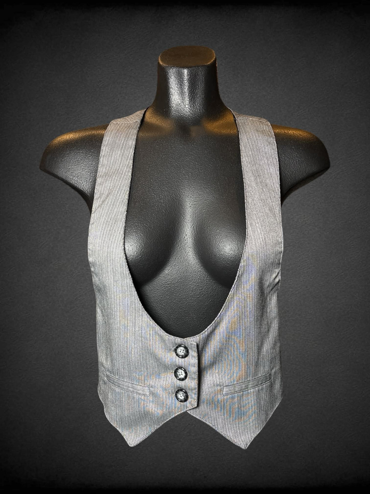 M Spacegirly Y2K grey button-up vest top with striped pattern, and faux pockets