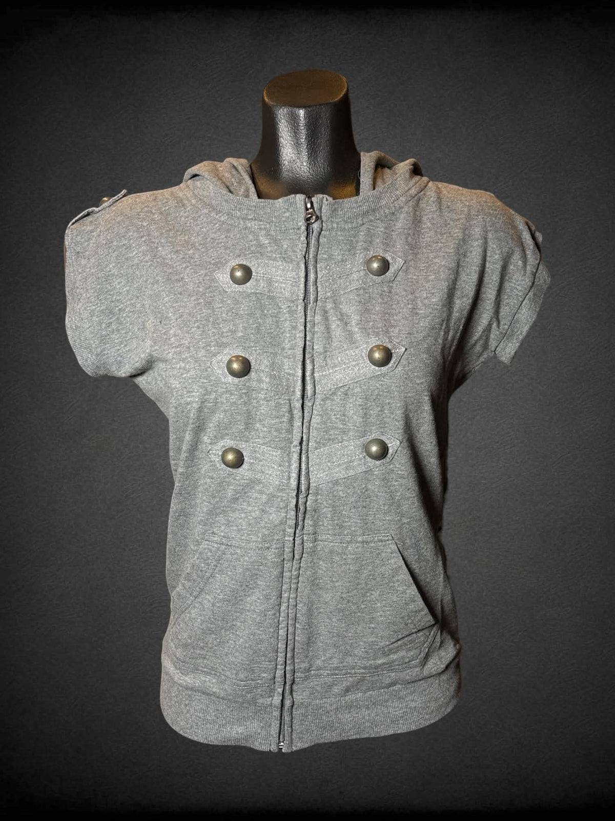 M Abbey Dawn grey zip-up hoodie top with decorative buttons on front