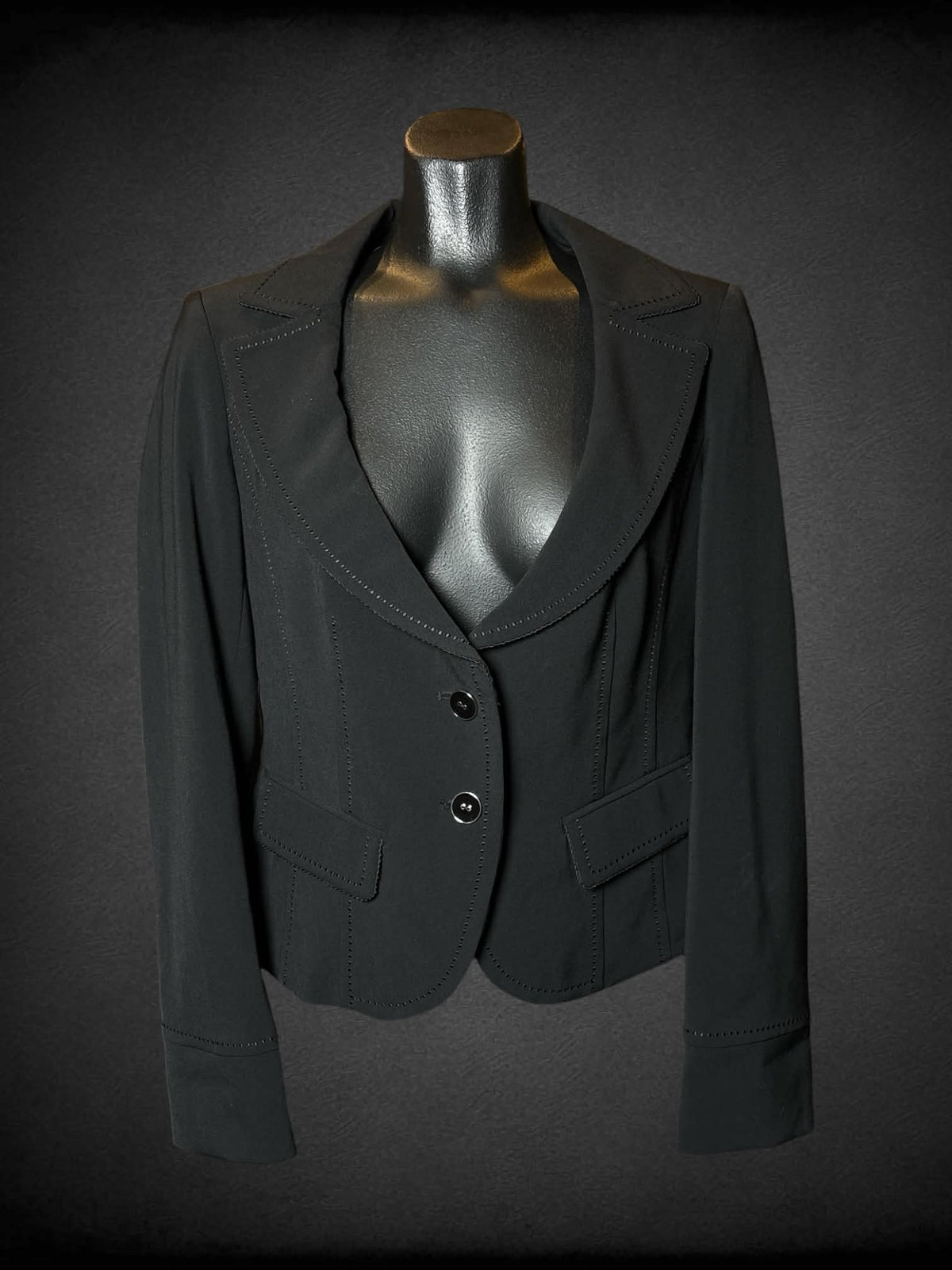 M W&B black blazer with buttons on front, and faux pockets