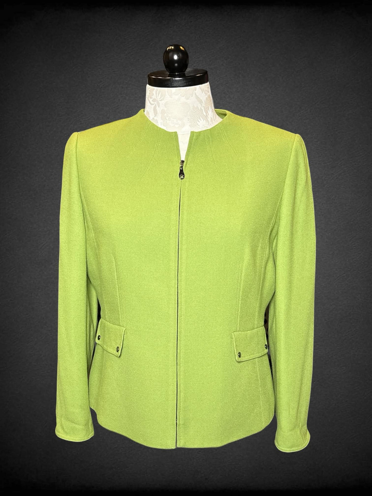 0X Tahari lime green zip-up jacket with padded shoulders, and faux pockets