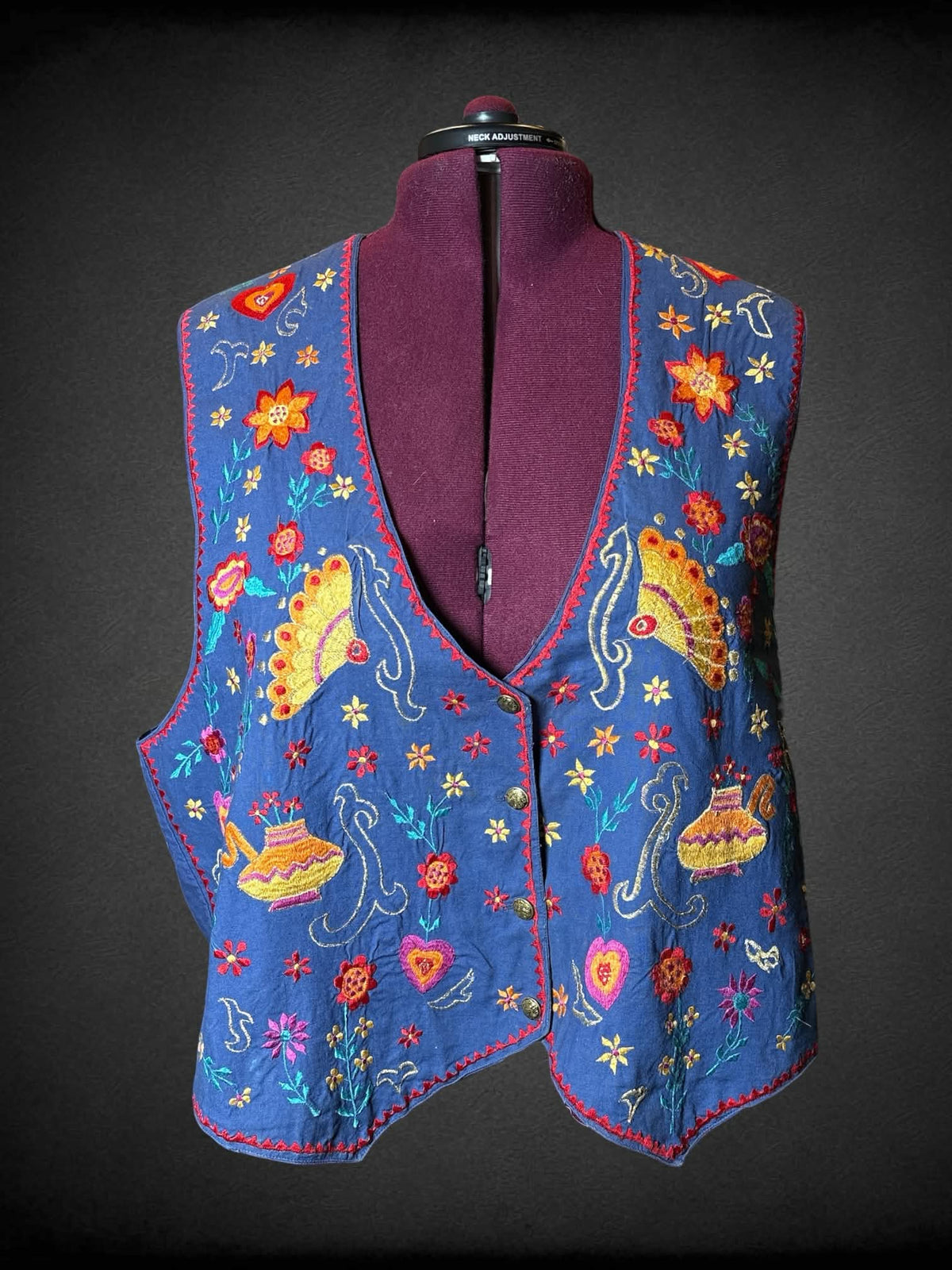 4X Jacque & KoKo vintage blue button-up vest with embroidered floral design