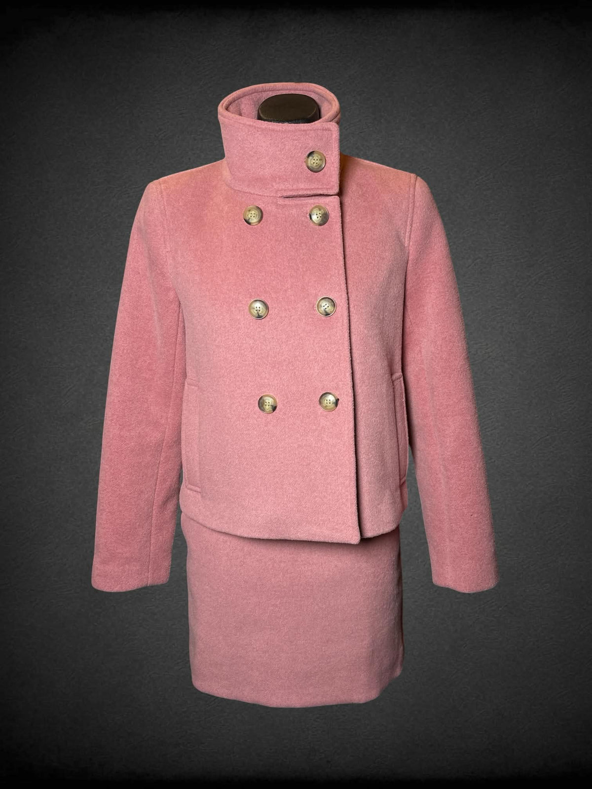 S Loft pink two-piece set with soft wool pencil skirt with zipper on back, and button-up coat with pockets
