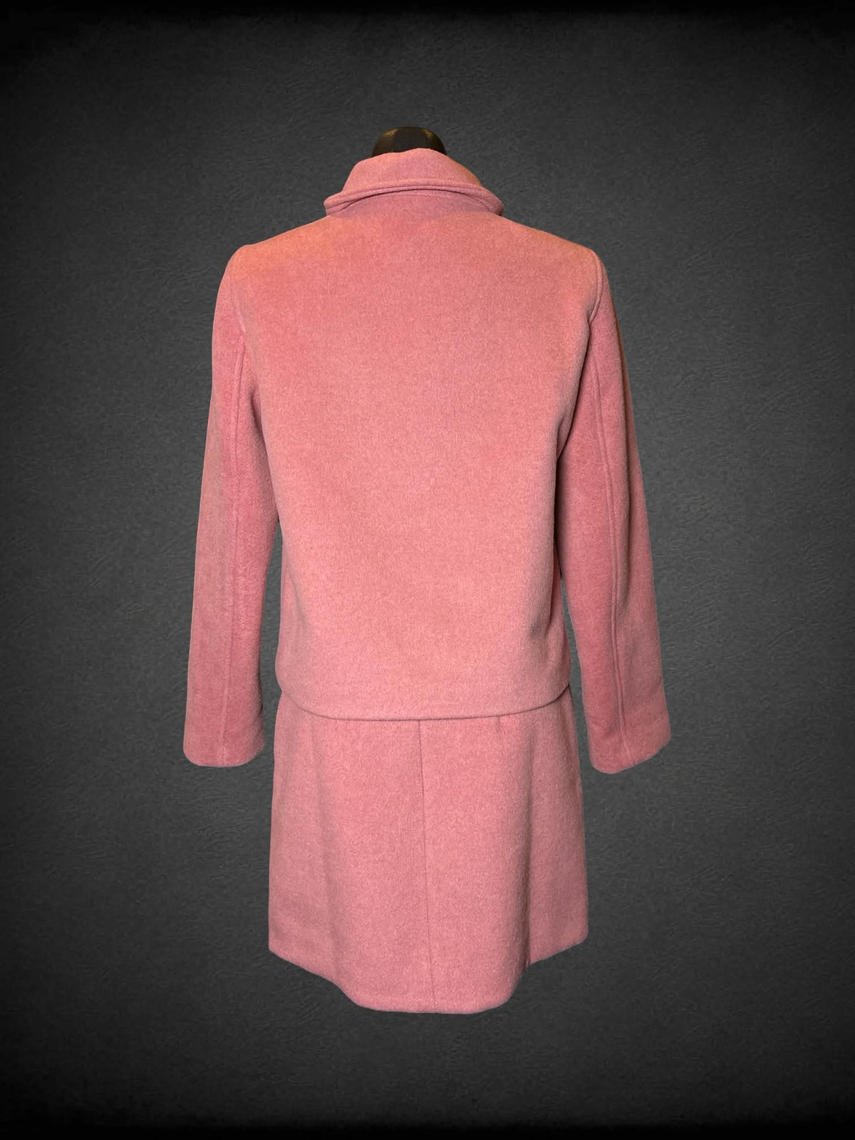 S Loft pink two-piece set with soft wool pencil skirt with zipper on back, and button-up coat with pockets
