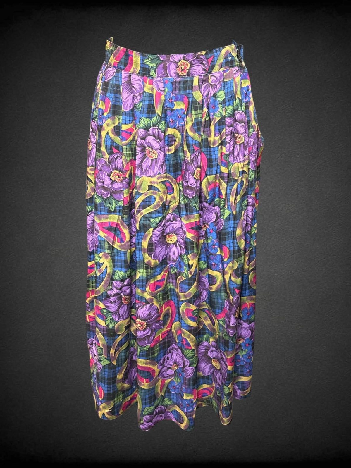 S Agenda vintage blue plaid high-waisted skirt with purple floral pattern, pockets, and buttons on side