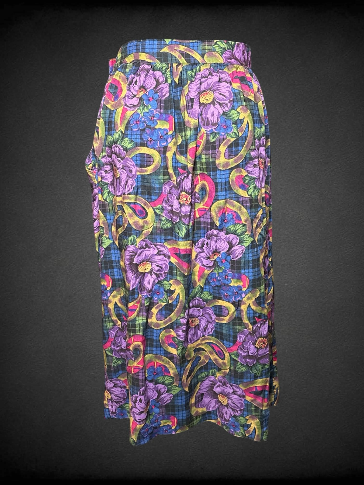 S Agenda vintage blue plaid high-waisted skirt with purple floral pattern, pockets, and buttons on side