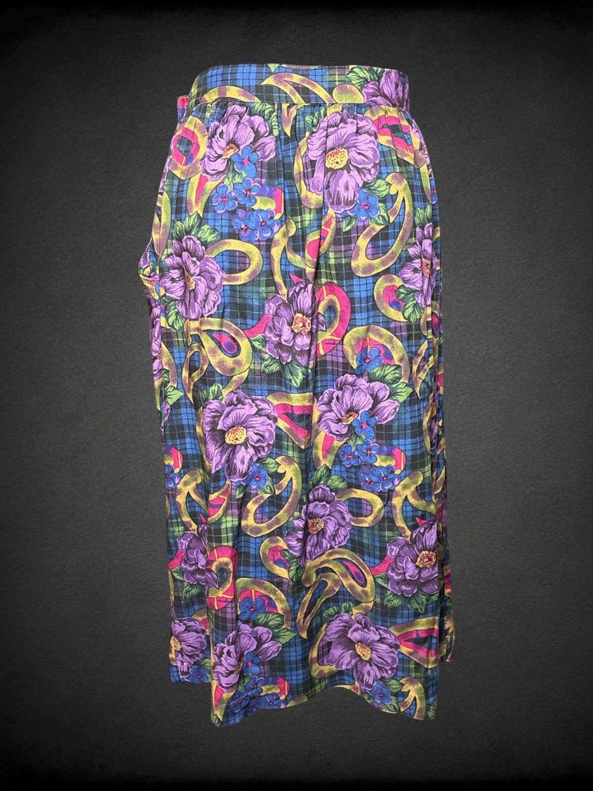 S Agenda vintage blue plaid high-waisted skirt with purple floral pattern, pockets, and buttons on side