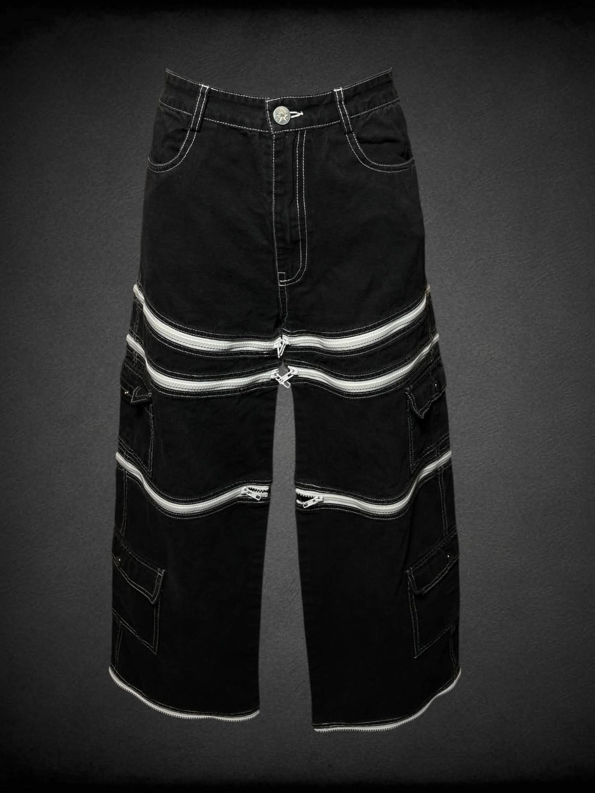 S Tunnel Vision black high-waisted adjustable zip-up pants/shorts with side pockets