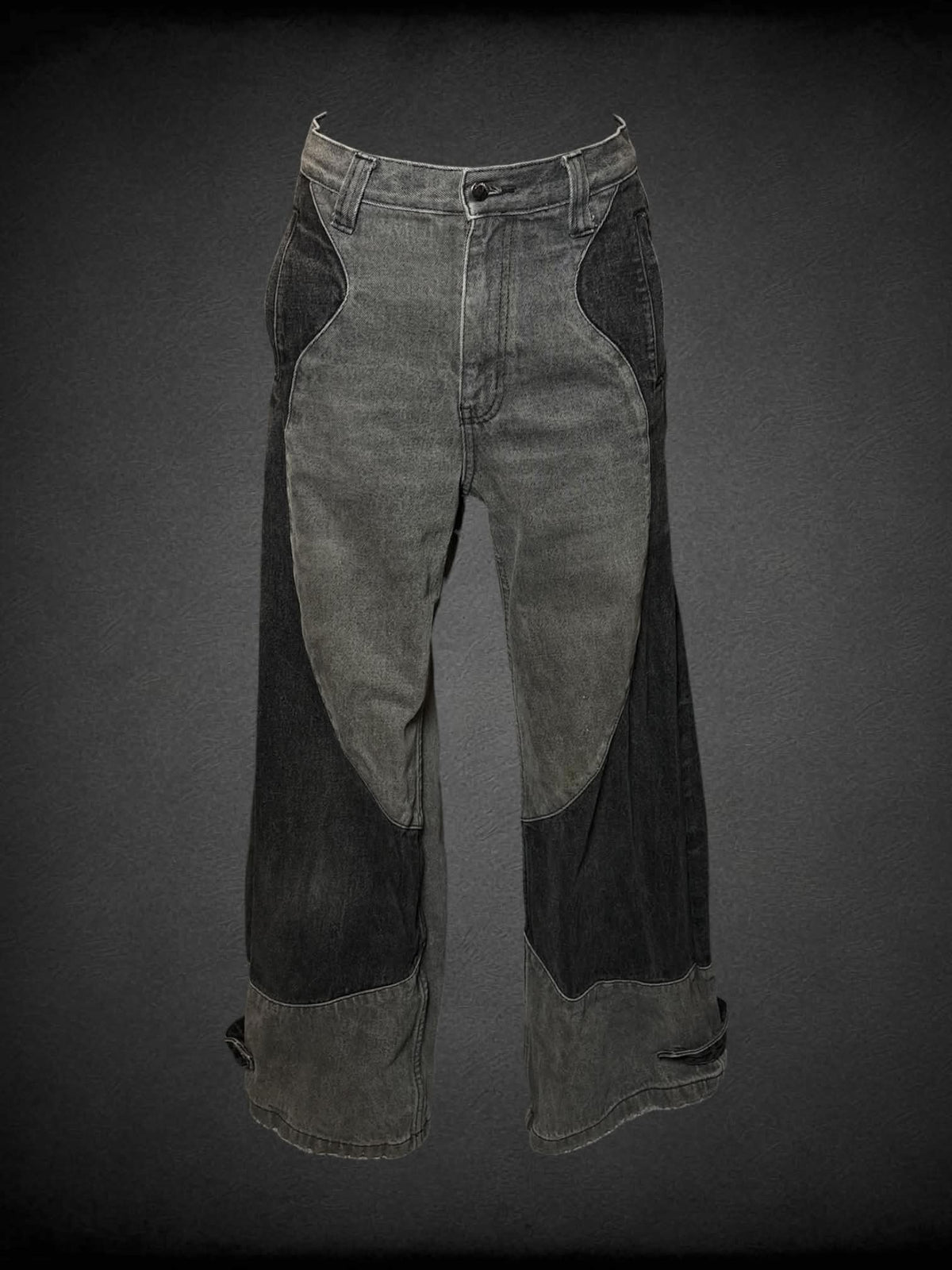 S Liquid Lagoon grey high-waisted jeans with dark wavy design, and embroidery on back pocket